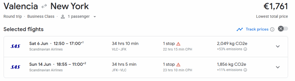 Business Class from Valencia to New York