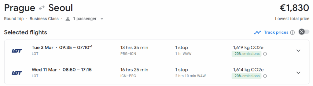 Business Class from Prague to Seoul