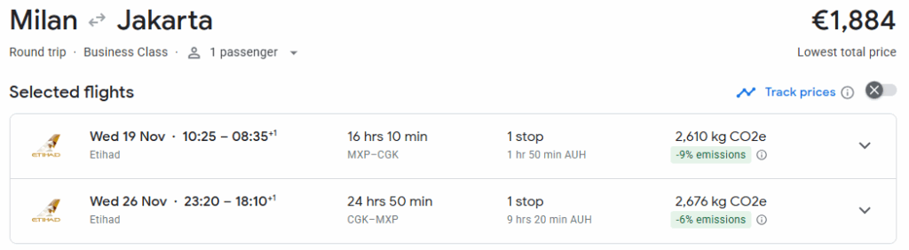 Business Class from Milan to Indonesia