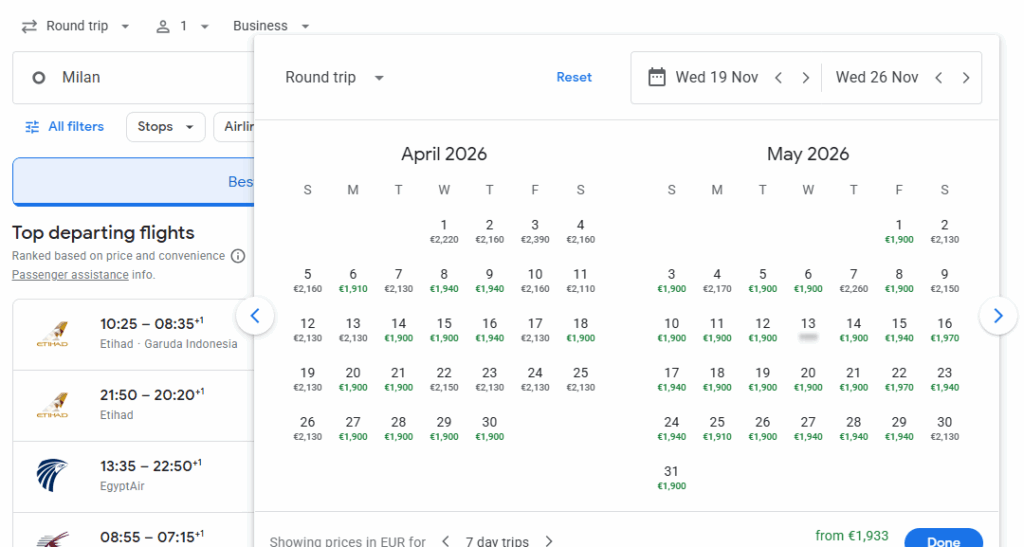 Business Class from Milan to Indonesia