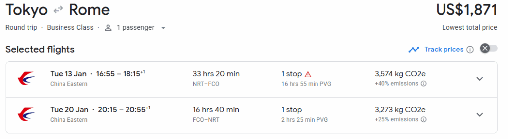 Business Class from Tokyo to Rome