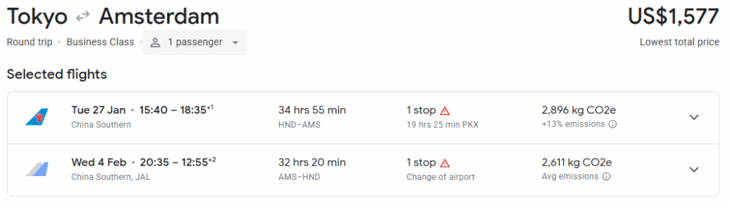 Business Class from Tokyo to Amsterdam