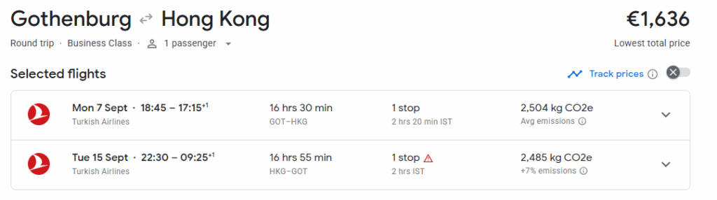 Business Class from Gothenburg to Hong Kong