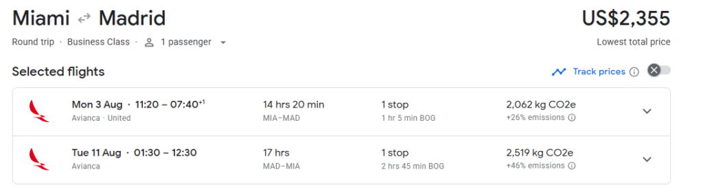 Business Class from Miami to Madrid