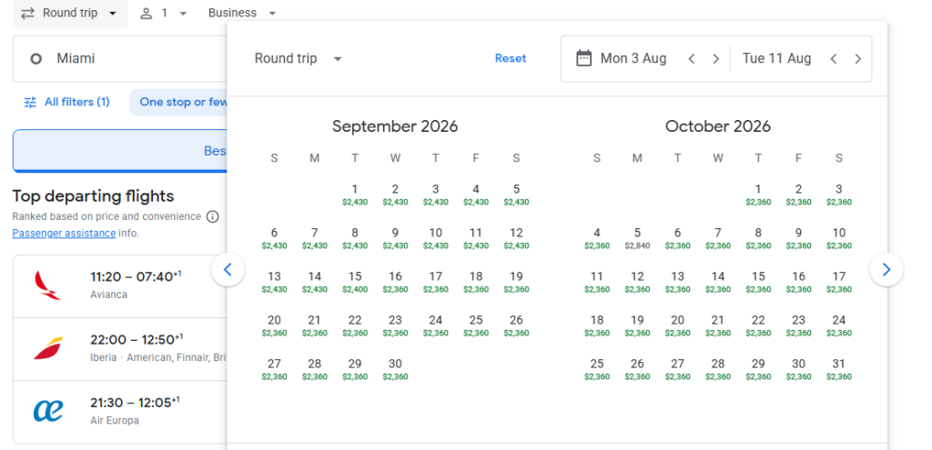 Business Class from Miami to Madrid