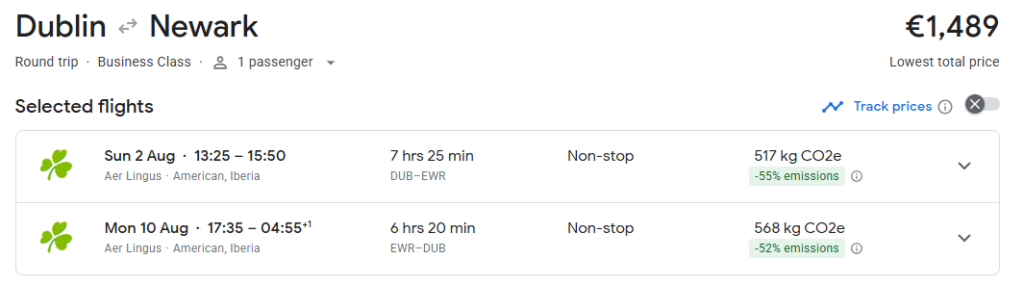 Business Class Nonstop from Dublin to New York