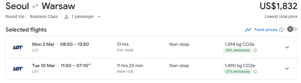 Nonstop Business Class from South Korea to Poland