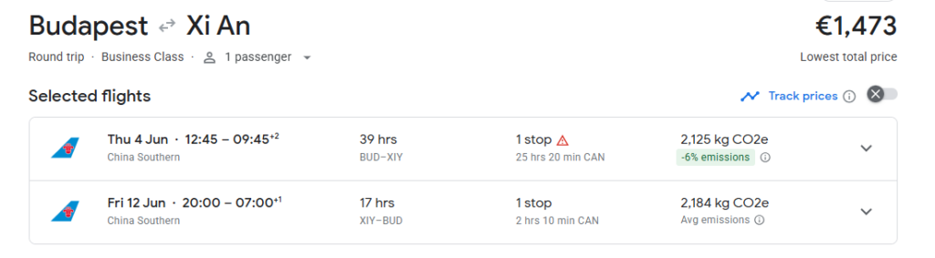 Business Class from Budapest to Xi An