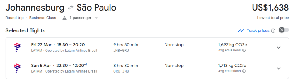 Business Class from South Africa to Brazil