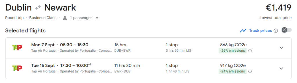 Business Class from Dublin to New York