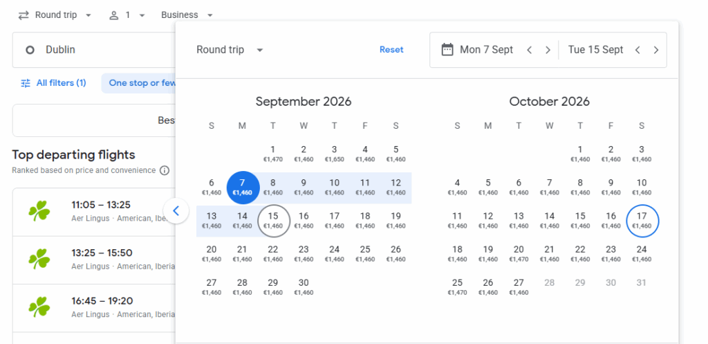 Business Class from Dublin to New York