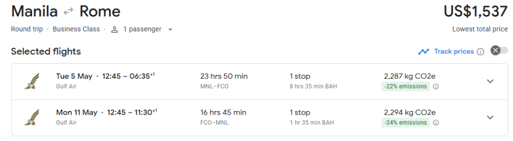 Business Class from Manila to Rome