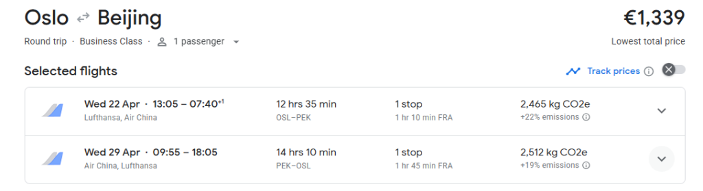 Business Class from Oslo to Beijing