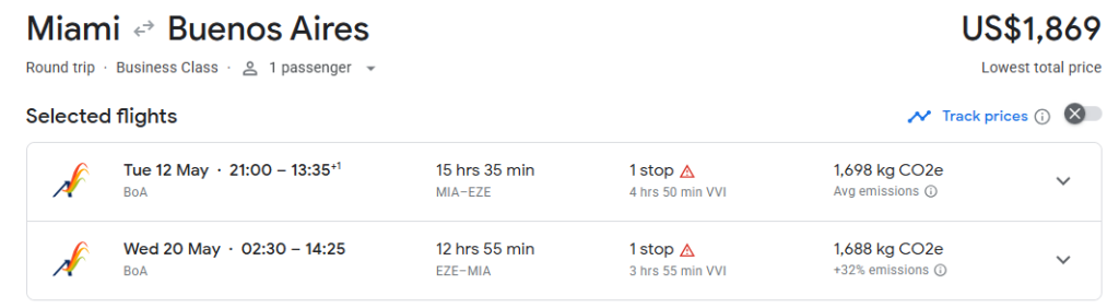 Business Class from Miami to Buenos Aires