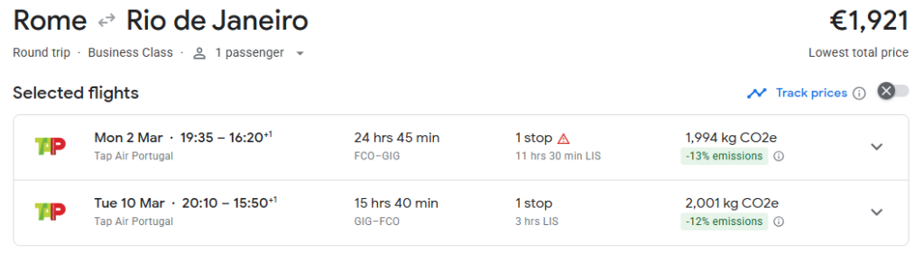 Business Class from Rome to Rio de Janeiro