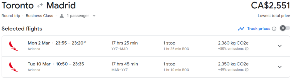 Business Class from Toronto to Madrid