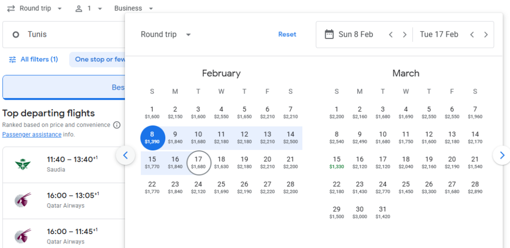 Business Class from Tunis to Bangkok
