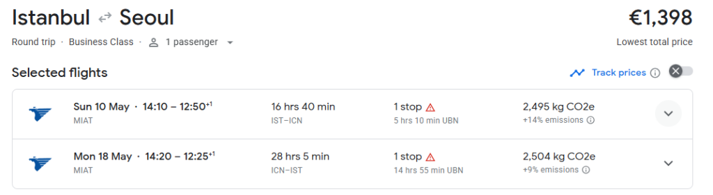Business Class from Istanbul to Seoul