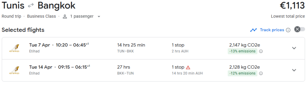 Business Class from Tunis to Bangkok