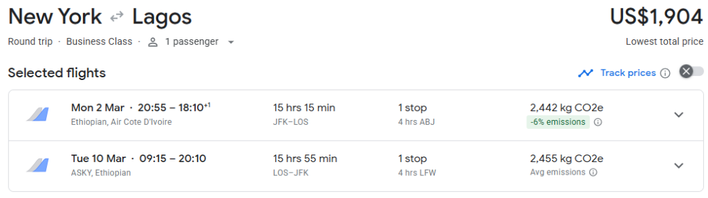 Business Class from New York to Nigeria