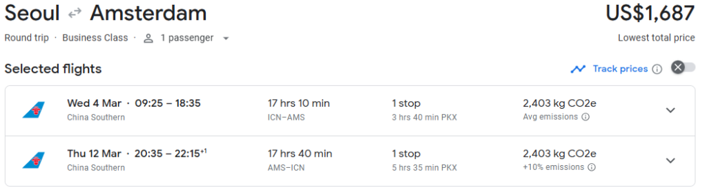 Business Class from Seoul to Amsterdam