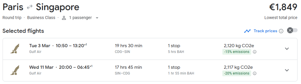 Business Class from Paris to Singapore