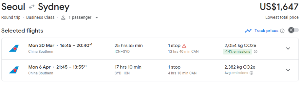 Business Class from South Korea to Sydney