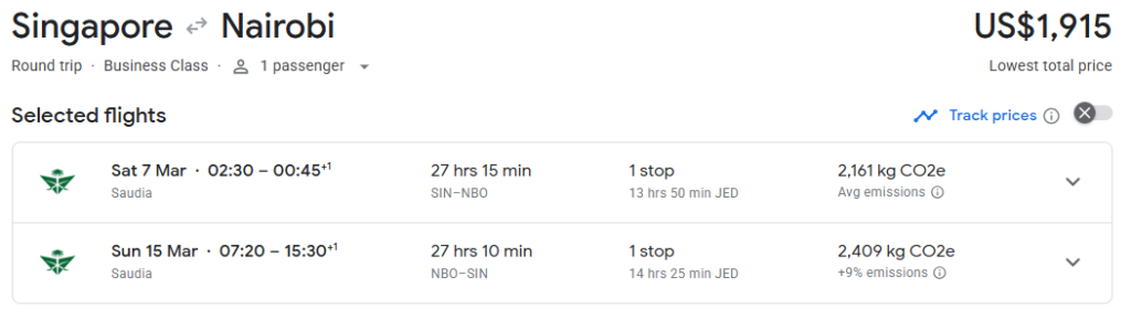 Business Class from Singapore to Nairobi
