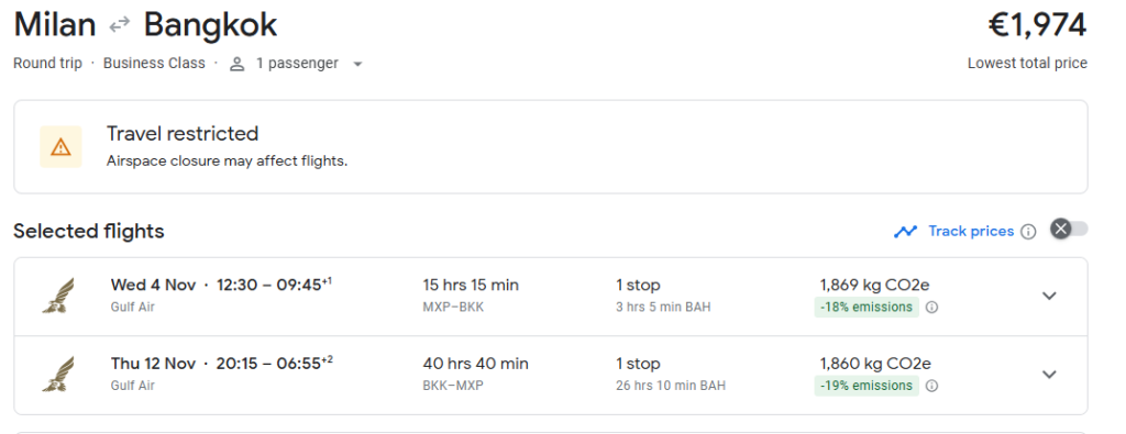 Business Class from Milan to Bangkok