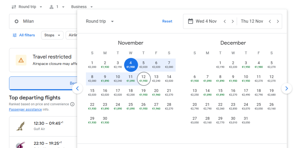Business Class from Milan to Bangkok