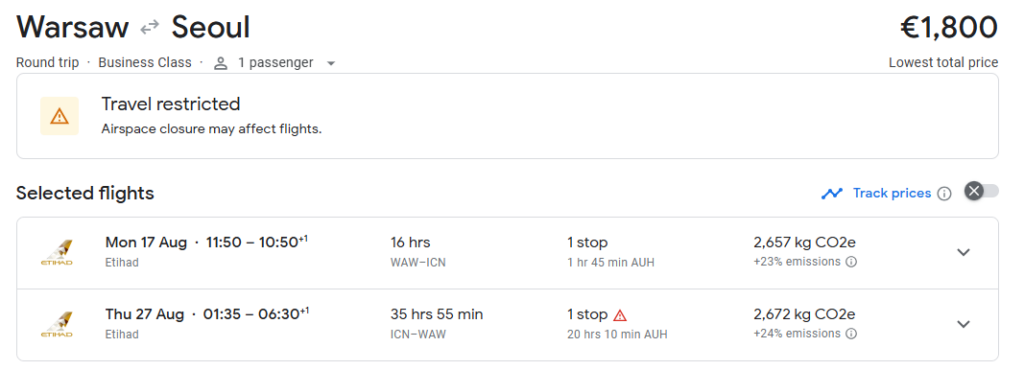 Business Class from Poland to South Korea