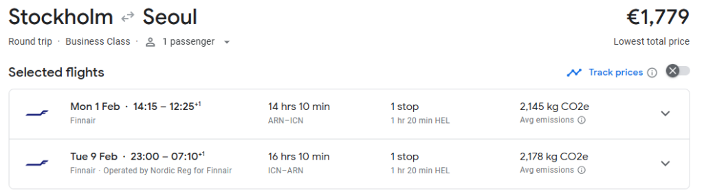 Business Class from Stockholm to Seoul