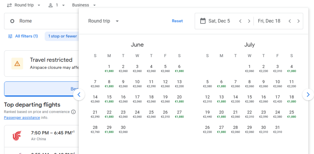 Business Class from Rome to Shanghai