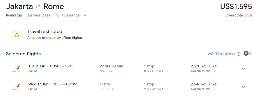 Business Class from Jakarta to Rome