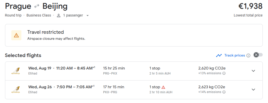 Business Class from Prague to Beijing