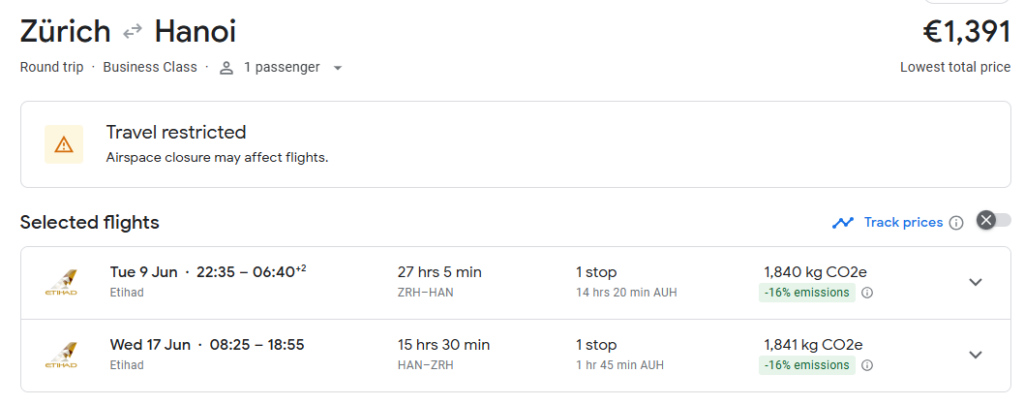 Business Class from Zurich to Hanoi