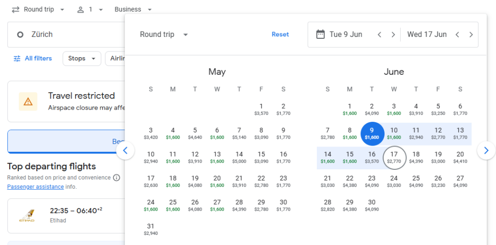 Business Class from Zurich to Hanoi