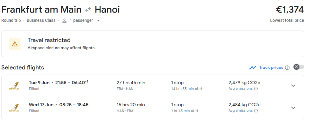 Business Class from Frankfurt to Hanoi