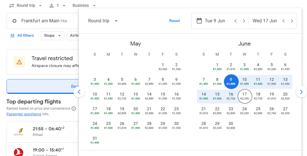 Business Class from Frankfurt to Hanoi