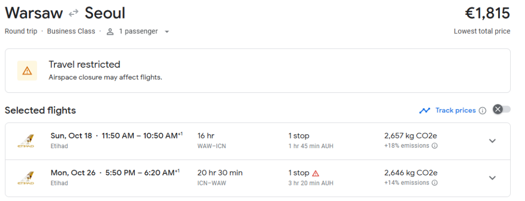 Business Class Suite from Poland to South Korea