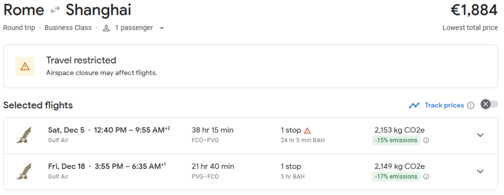 Business Class from Rome to Shanghai