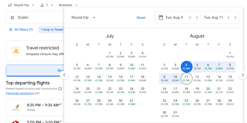 Business Class from Dublin to Taipei