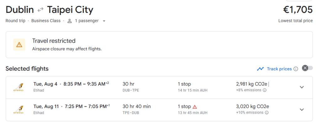 Business Class from Dublin to Taipei