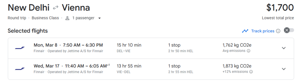 Business Class from India to Vienna