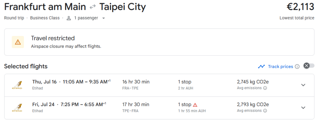 Business Class from Frankfurt to Taipei
