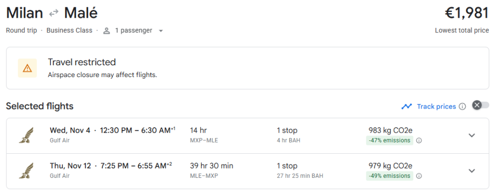 Business Class from Milan to Maldives
