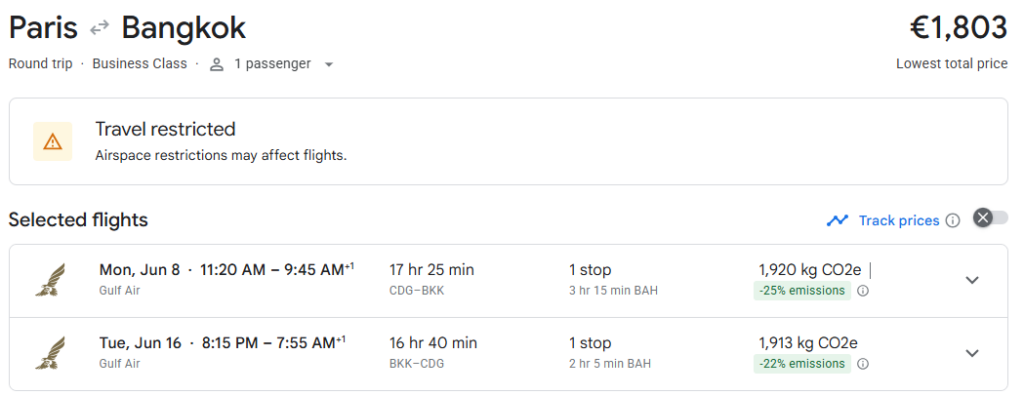 Business Class from Paris to Bangkok