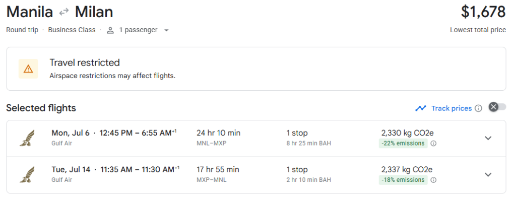 Business Class from Manila to Milan