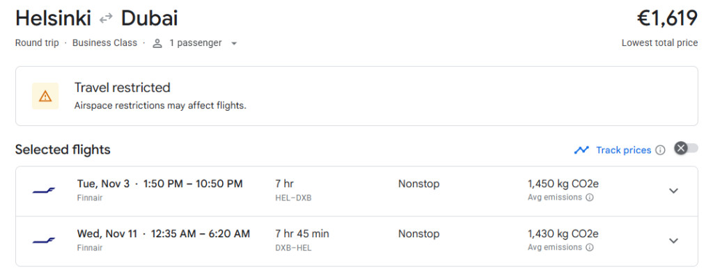 Business Class Nonstop from Finland to Dubai