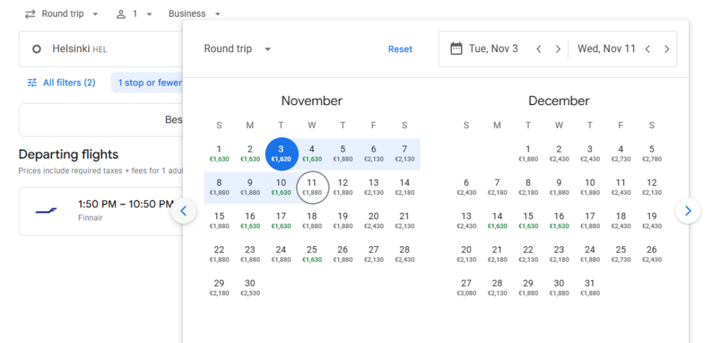 Business Class Nonstop from Finland to Dubai
